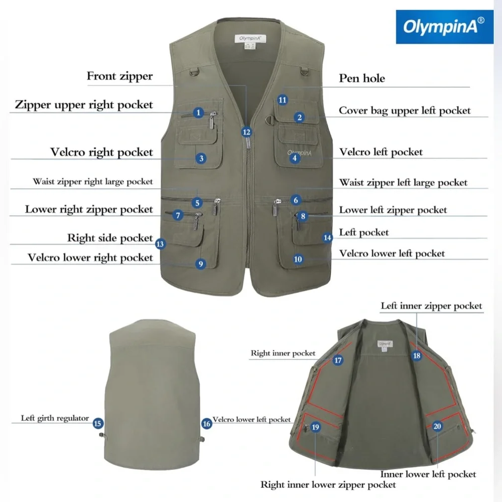 Olympina Men's Multiple Pockets Outdoor Fishing Travel Safari Vest Jacket